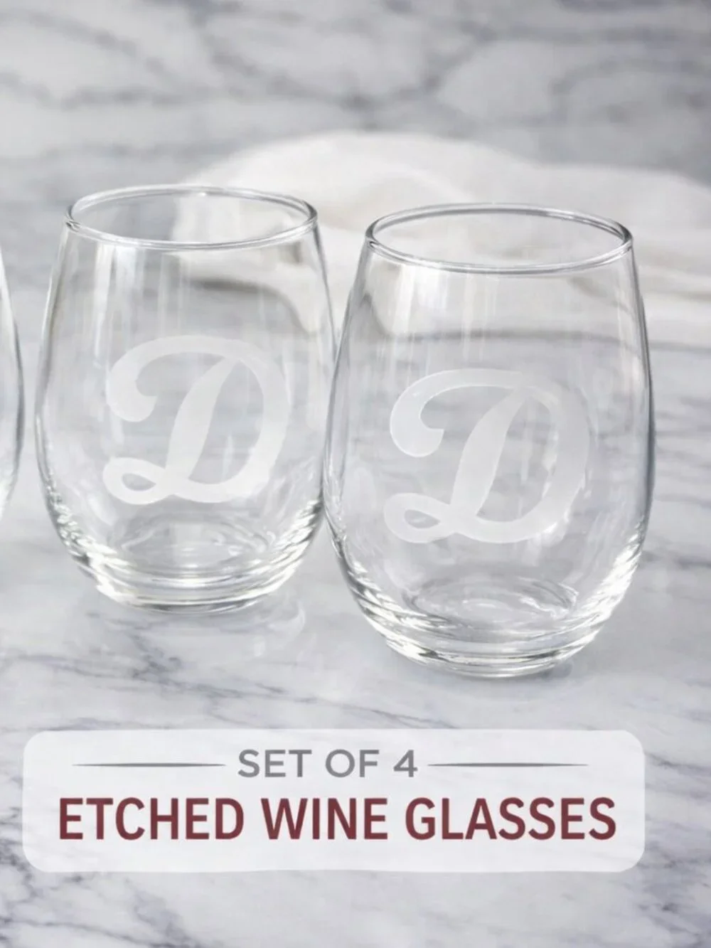 Hand‑Etched Monogram Glass Set – Set of 4